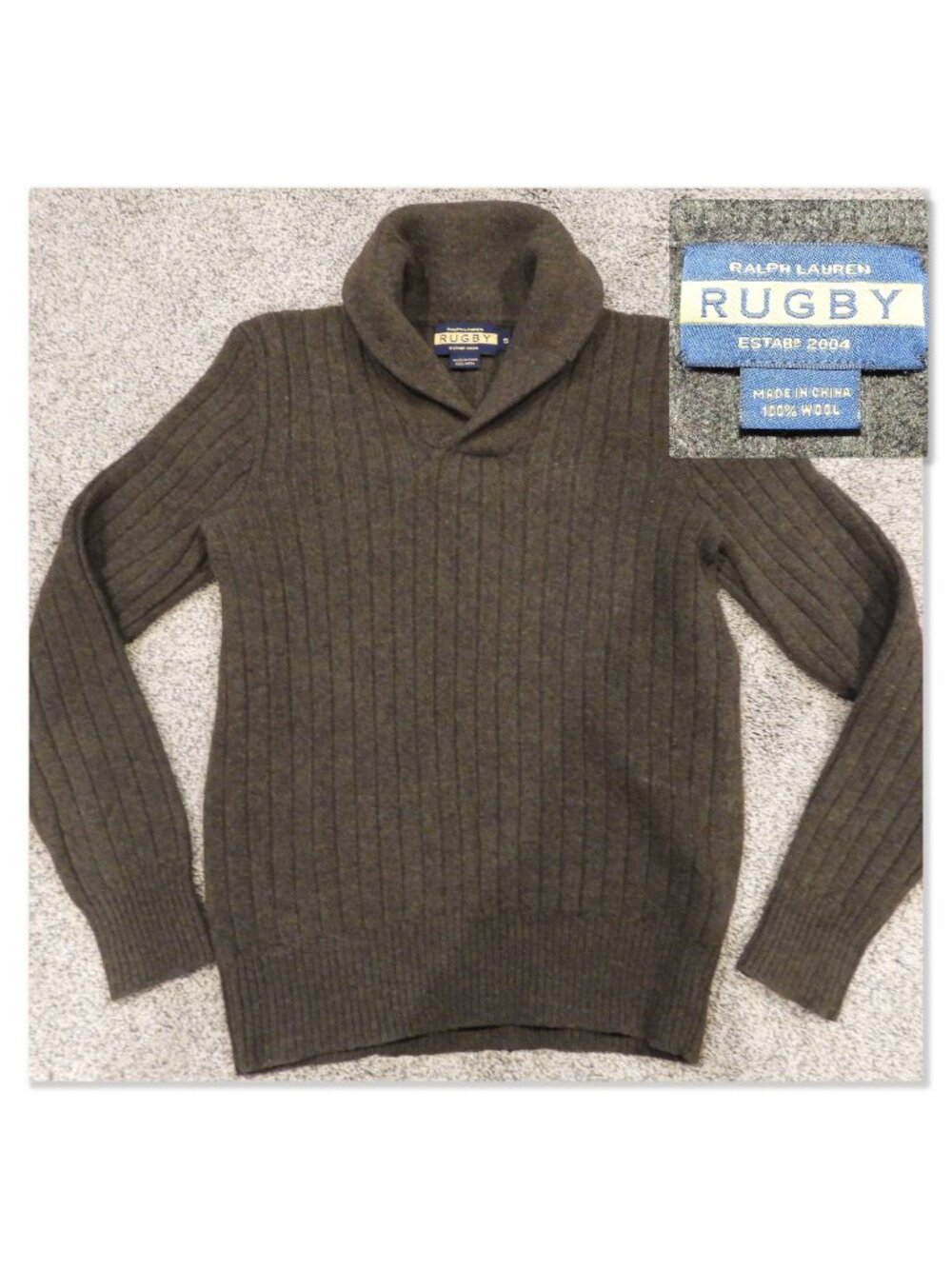 Ralph Lauren RUGBY Sweater Brown Shawl Collar 100% Wool Women's Small